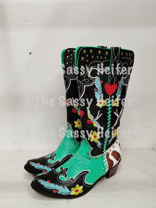 PRE-ORDER Turquoise & Black Cross Patchwork Cowgirl Boots