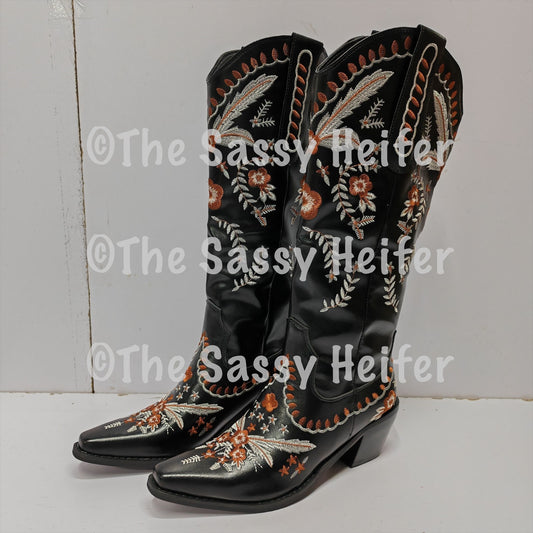 PRE-ORDER Black Arrow Feather Stitched Cowgirl Boots